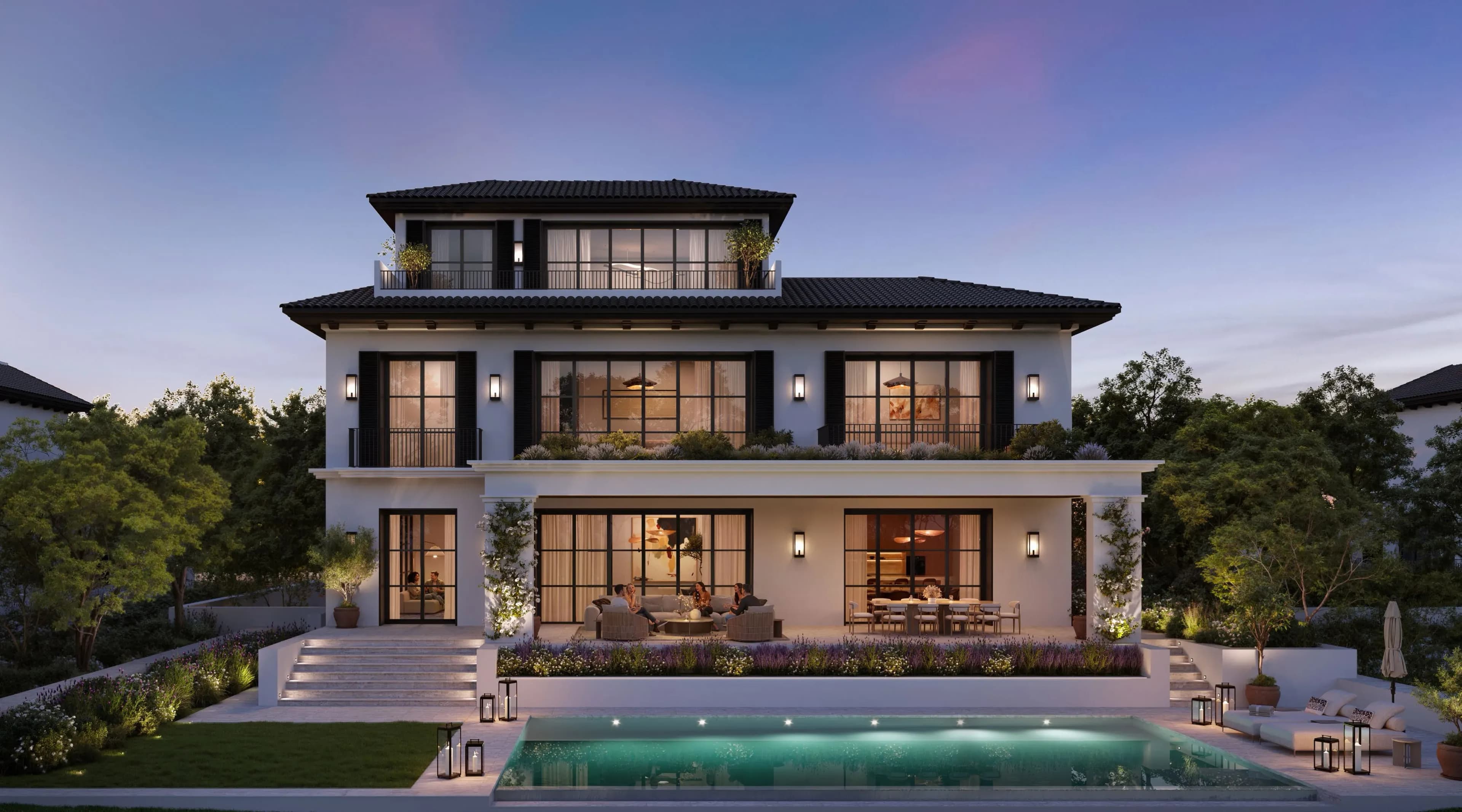 Golf mansion with a lit pool at dusk, Hudayriyat Golf Estates