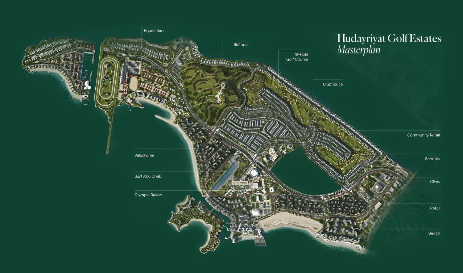 Hudayriyat Golf Estates masterplan with the 18-hole course, clubhouse and beach